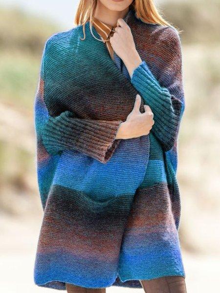 Color-Block Long Sleeve Knitted Casual Outerwear