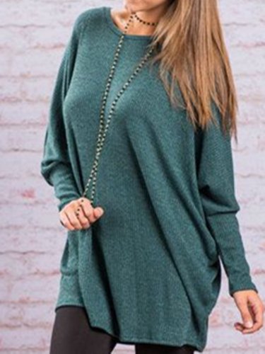 Green Knitted Casual Shift Plain Shirts & Tops