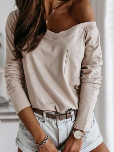 Light Khaki Casual Cotton-Blend Long Sleeve Solid Shirts & Tops