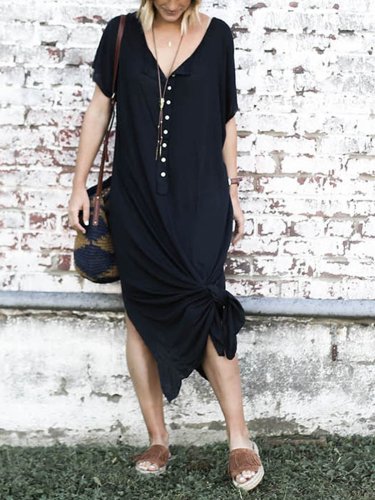 Solid V Neck Buttoned Casual Maxi Dresses
