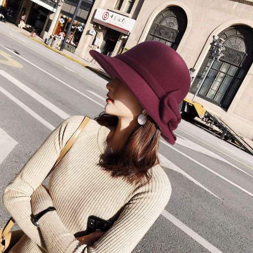 Big Bow-knot Woolen Ladies Hats Solid Color Women Hat Winter