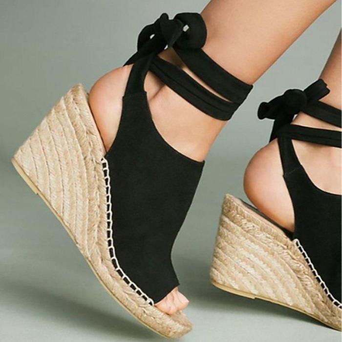 Women Flocking Wedge Sandals Vie Tie Up Shoes