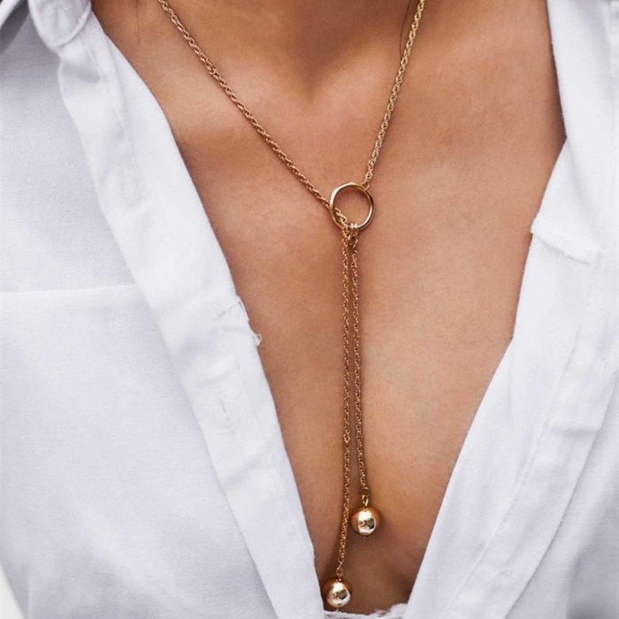 Fashion Vintage Simple Bead Clavicle Sweater Chain Metal Iron Ring Necklace