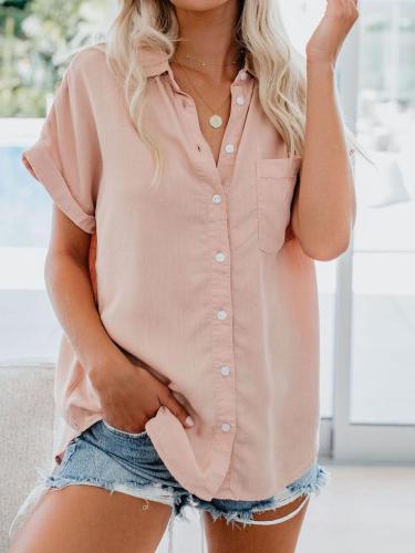 Women's Solid Buttoned Turn-Down Collar Casual T-shirts