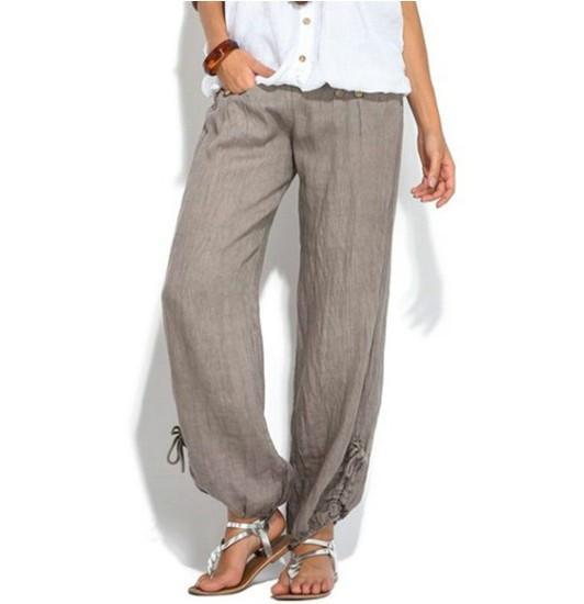 Women Solid Buttons Cotton and Linen Casual Pants