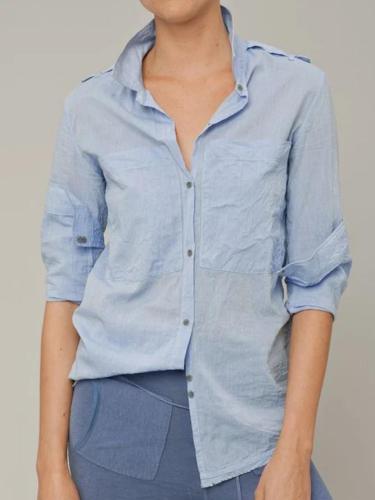 Light Blue Cotton Pockets Long Sleeve Shirts & Tops