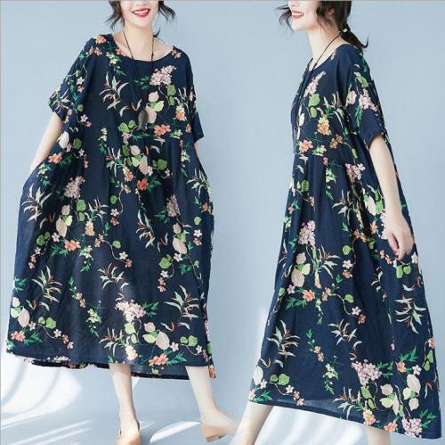 Summer Floral Printed Loose Linen Cotton Midi Dress