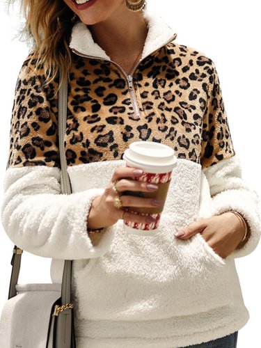 Stand Collar Leopard Print Long Sleeve Casual Outerwear