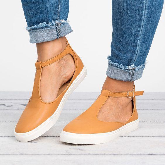 Women Spring Ankle Boots Cut Out Casual Strap Buckle Flats