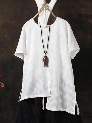 Short Sleeve Plaid Cotton-Blend Shirts & Tops