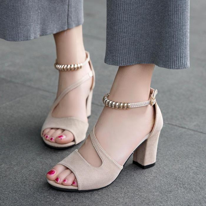 Women Bead Cut out Chunky Heel Summer Suede Sandals