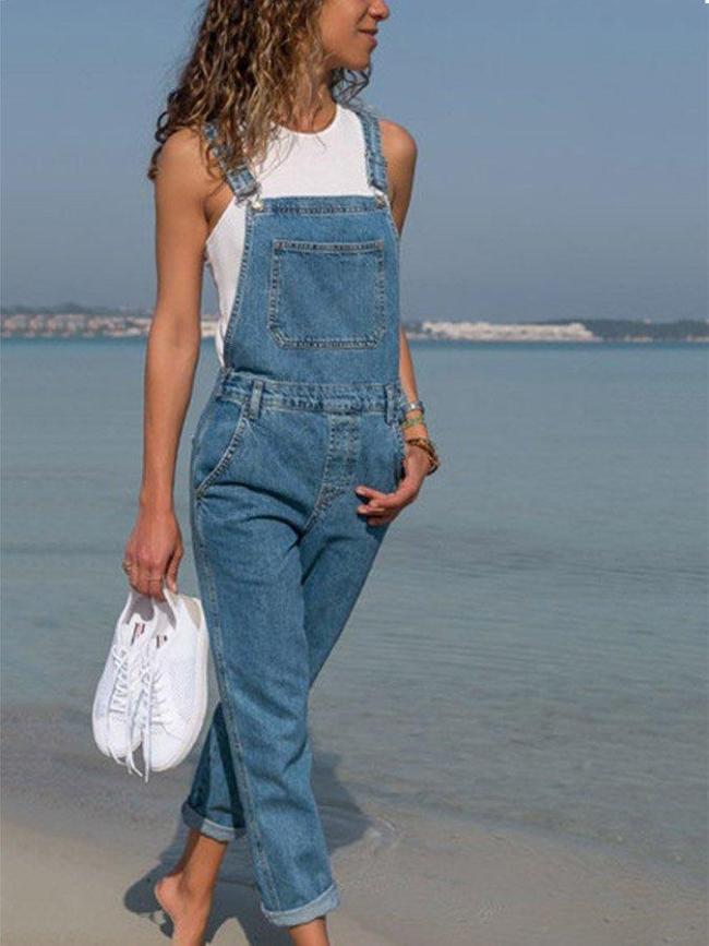 Women's Solid Denim Casual Shift One-Pieces Jumpsuits