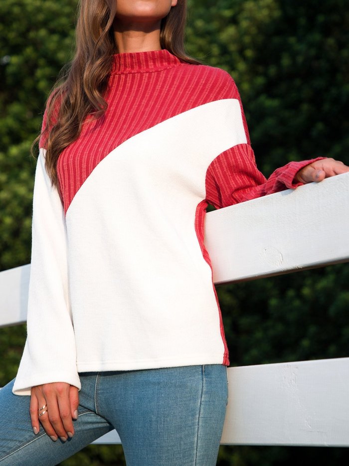 Color-Block Paneled Long Sleeve Stand Collar Shift Sweaters