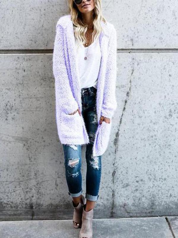 Mid-Length Knit Cardigan Solid Color Plush Coat Outwear
