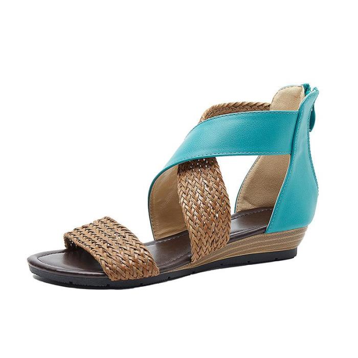 Street Open Toe Ankle Strap Fashion Straw Summer Vintage Zipper Soft Sole Women Sandals