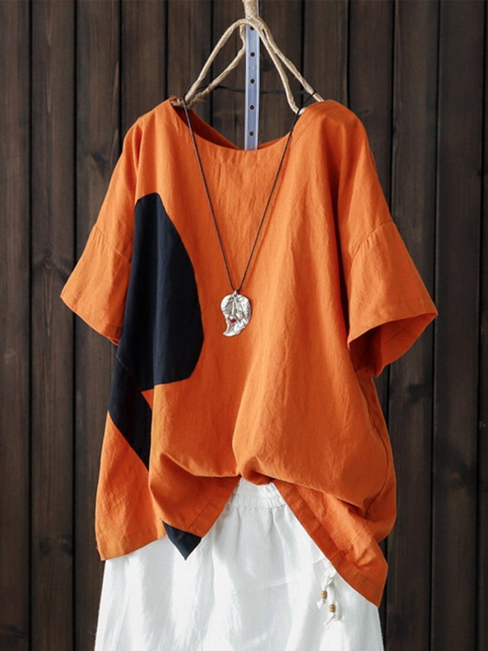 Cotton-Blend Round Neck Short Sleeve Shirts & Tops