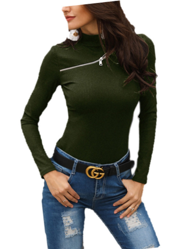 Women Zipper Long Sleeve Solid Casual Turtleneck Sweaters