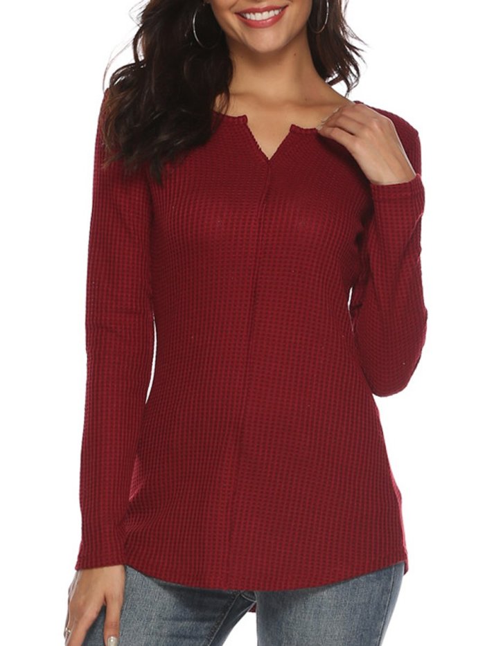 2020 Autumn Plain V-Neck Long Sleeve Slim Sweater