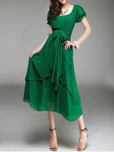 Green Asymmetric Chiffon Resort Holiday Dress with Belt
