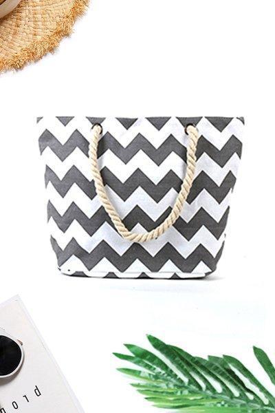 Women's Beach Zigzag Stripe Zipper Canvas Tote Bag