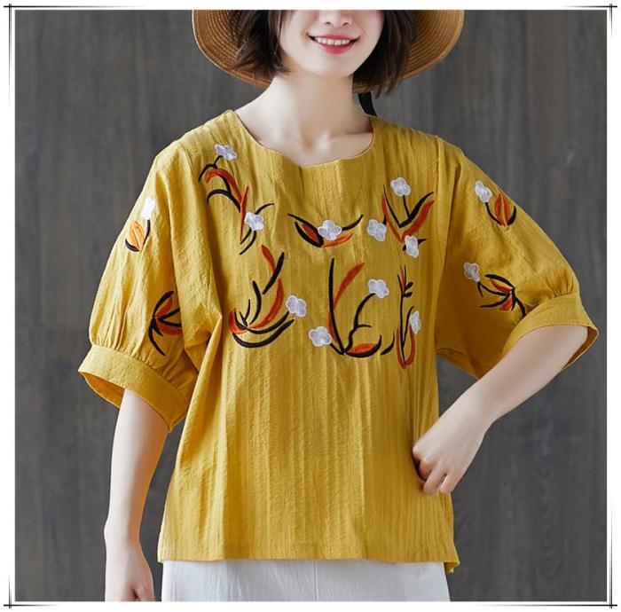 Women's Embroidery Floral Short Puff Sleeve Linen Cotton Loose Casual Summer Top T-Shirt