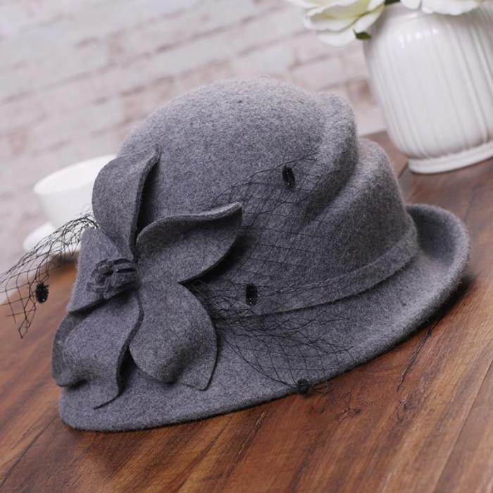 Flower Warm Wool Hat Winter Cap Lady Party Hats