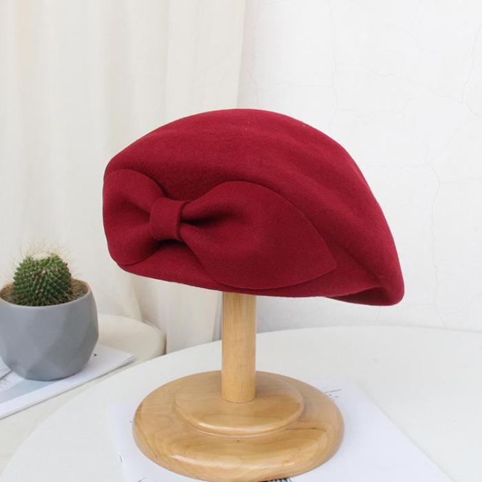 Autumn Winter Woolen Beret Elegant Bow Felt Hat