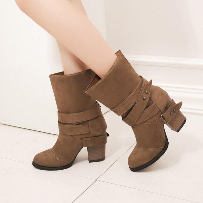 Women Comfy Suede Mid-Calf Chunky Heel Slip-On Boots