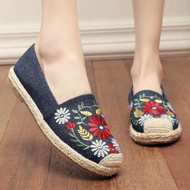 Women Floral Embroidered Loafers Casual Comfort Slip On Shoes