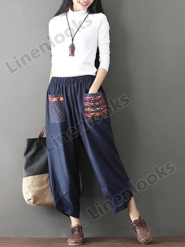 Wide Leg Harem Pants Trousers Women Ethnic Vintage Elastic Waist Loose Long Cotton Linen Pants