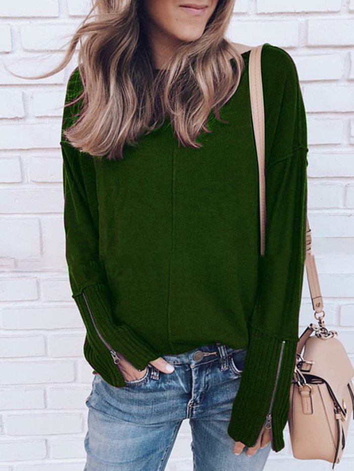 Holiday Long Sleeve Zipper Plain Knitted Sweaters