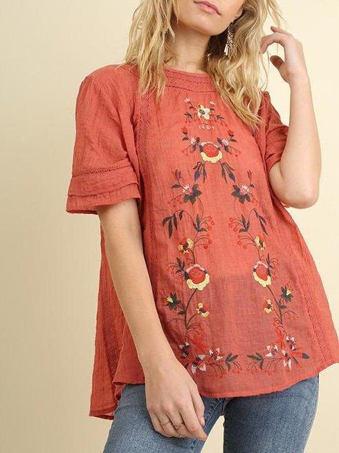 Floral Casual Short Sleeve Round Neck Shirts & Tops