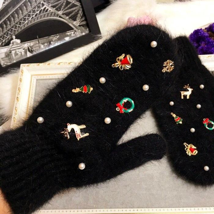 Merry Christmas Gift Women Winter Gloves Fashion Ornaments Knit Gloves Rabbit Fur Gloves