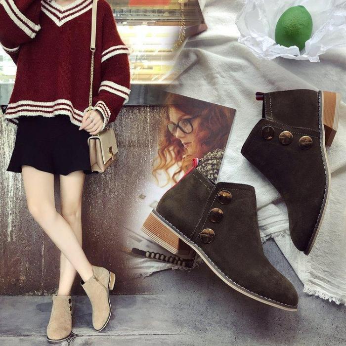 Khaki Suede Chunky Heel Spring/Fall Daily Zipper Boots