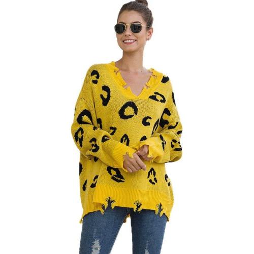 Autumn and Winter Leopard Pullover Sweater V-neck Ripped Sweater Women Long Sweater Sweaters  Winter Clothes