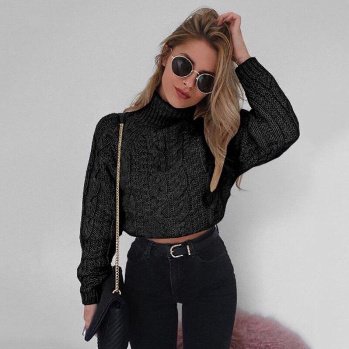 New Fashion Women Winter High Collar Sexy Umbilical Twist Sweater Casual Knitted Solid Color Pullover Winter Long Sleeve