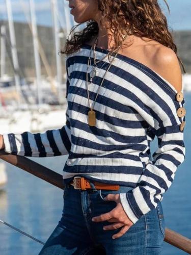 Stripe-Blue Long Sleeve Stripes Shift Cotton-Blend Shirts & Tops