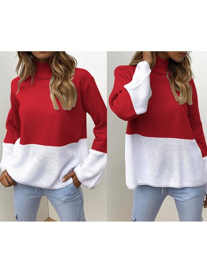 Red Solid Elegant Color-block Knitted Sweater