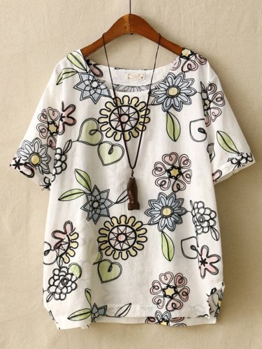 Embroidery Print Floral Short Sleeve Casual T-Shirt