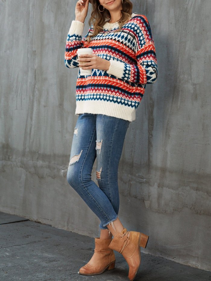 White Casual Tribal Sweater