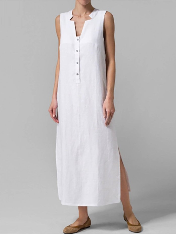 V Neck Cotton Basic Sleeveless Shift Casual Dress