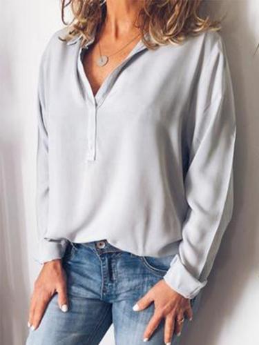 Casual V Neck Cotton-Blend Long Sleeve Shirts & Tops
