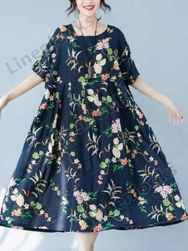 Summer Floral Printed Loose Linen Cotton Midi Dress
