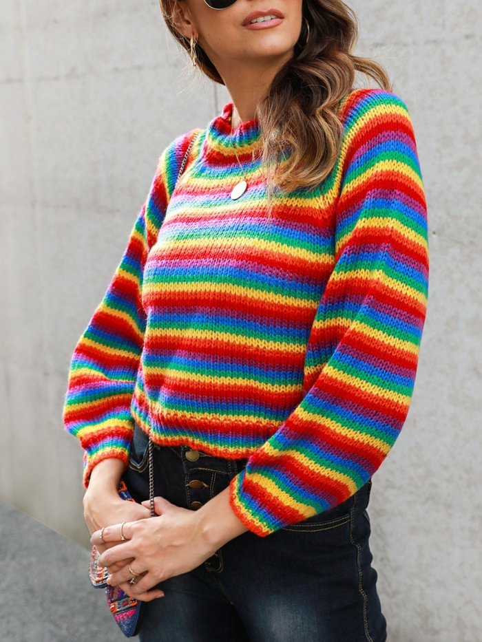 Multicolor Long Sleeve Shift Crew Neck Striped Sweaters