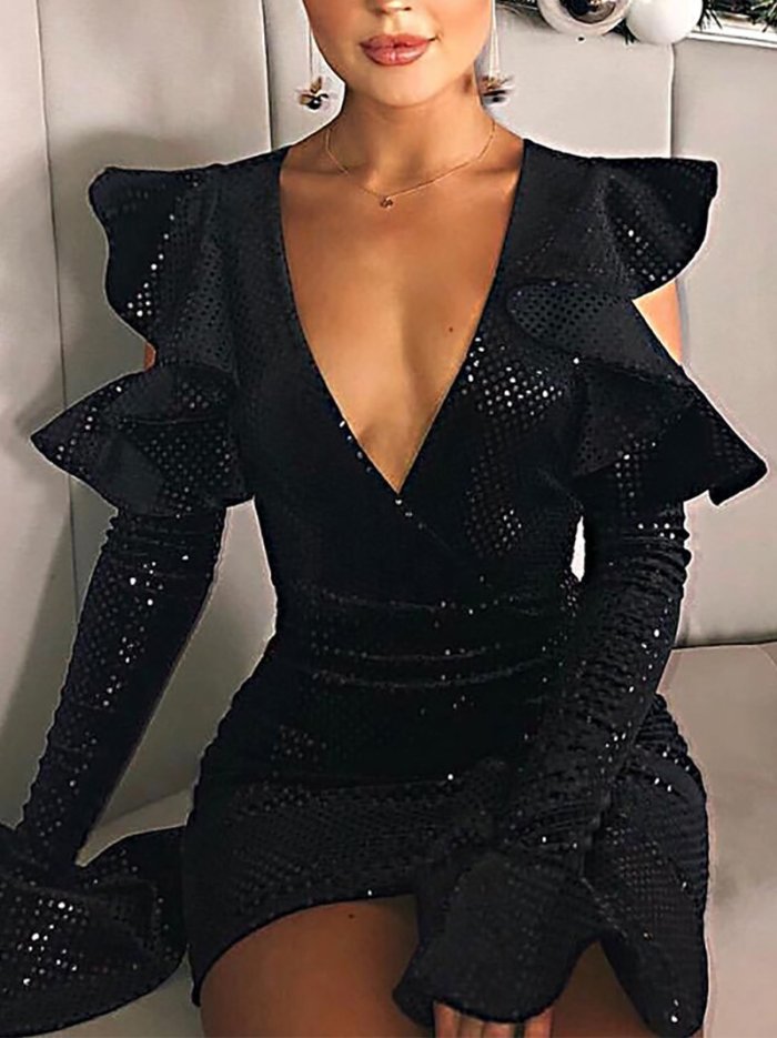 Fashion Hollow Out Bell Sleeve Deep V Sequins Bodycon Dresses