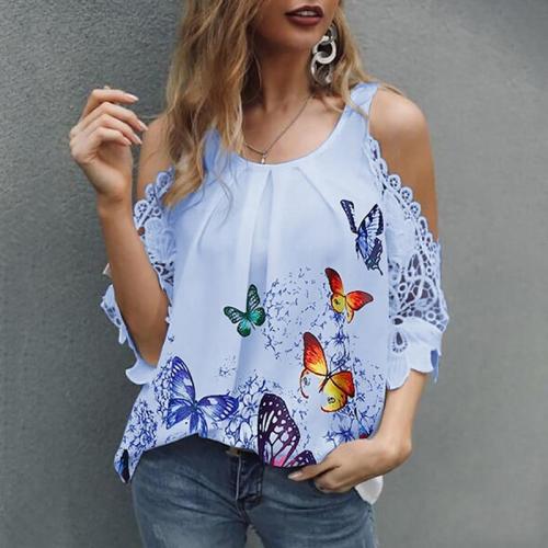 5XL Sexy Hollow Out Butterfly Print O Neck Basic Tops Shirt Pullover