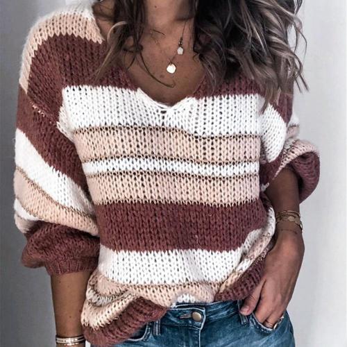 Winter New Stitching Sweater V-neck Striped Sweater Women's Clothing Knit Sweater Women Sweaters Girls Sweaters