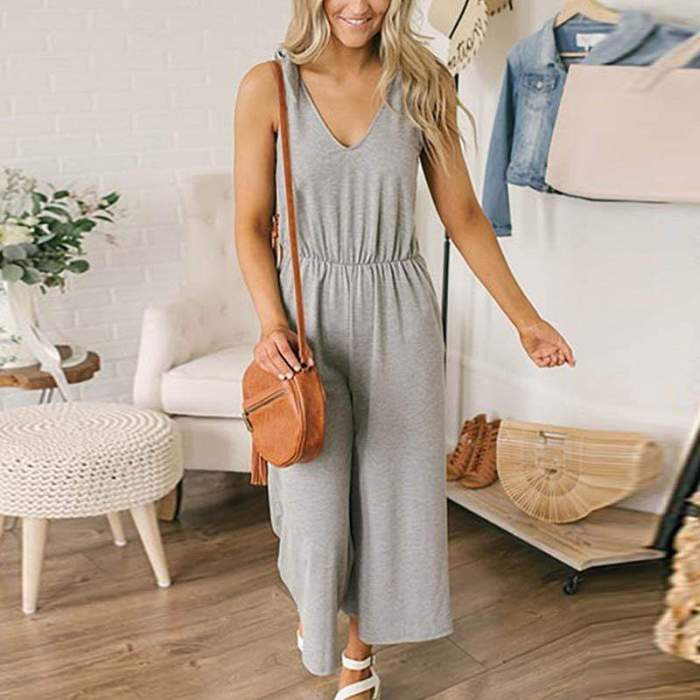 Women Casual V-neck Sleeveless Pure Color Pleated Jumpsuit