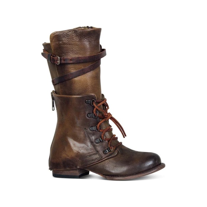 Vintage Women Lace-up Boots Adjustable Buckle Faux Leather Low Heel Boots