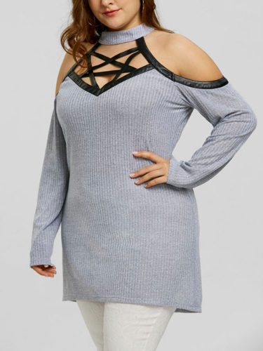 Cotton Patchwork Straped Hollow-up Sexy Paneled Long Sleeve Sweaters